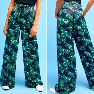 Anthropologie Floral Navy and Green Wide-Leg Pants
